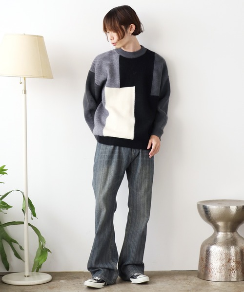 ROOP TOKYO セーター ニット クルーネック ブロッキングデザイン