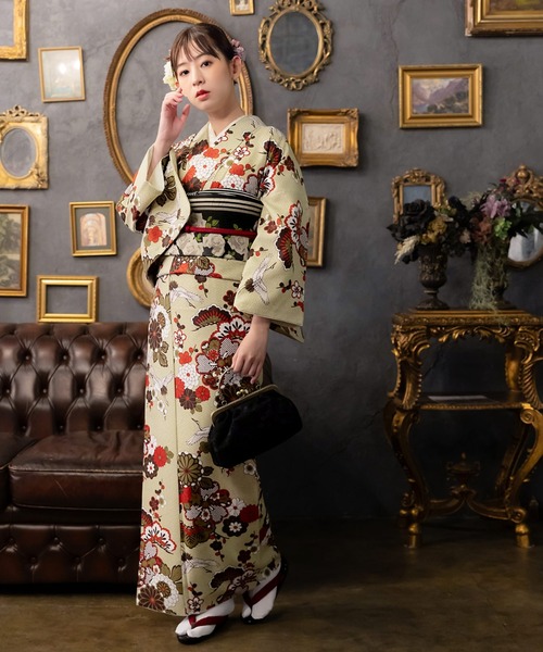 s*i様 京都きもの町　洗える袷着物　かすみそうに青海波紋　花柄小紋着物 グレー レディース 洗える着物 単品 袷着物 M/L サイズ かすみ草に青海波