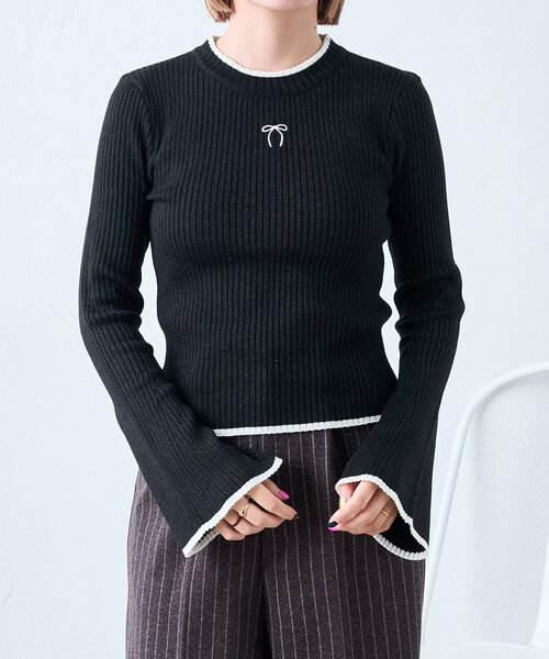 袖刺繍リブニット  黒色  38サイズ                 296. もっちり リブニット［C6260］ ニット[品番：KO000013158]｜KOBE