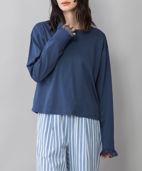 tシャツ コットンスムース×レースリブカフプルオーバー レディース