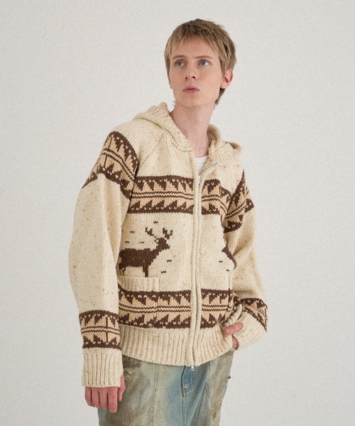 【関税込み】Kijun ベージュ Cowichan ジッパー カーディガン ワンポイント刺繍カーディガン ベージュのレンタル／制服