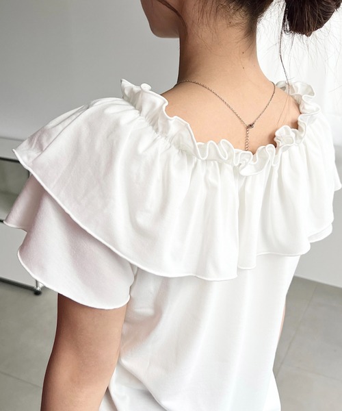 moment+ tシャツ 半袖 マルチウェイオフショルクロスフリルTシャツ