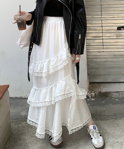 ロングスカート ティアードスカート フリル レース メッシュ 2色 deux amour スカート レースフリルティアードロングスカート