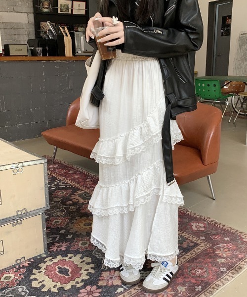 deux amour ロング スカート レースフリルティアードロングスカート