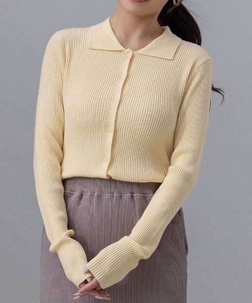 DAY CLOSET ニット セーター 「細見え縦ライン」長袖 ポロカラー