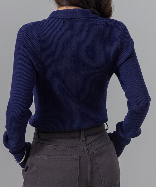 DAY CLOSET ニット セーター 「細見え縦ライン」長袖 ポロカラー