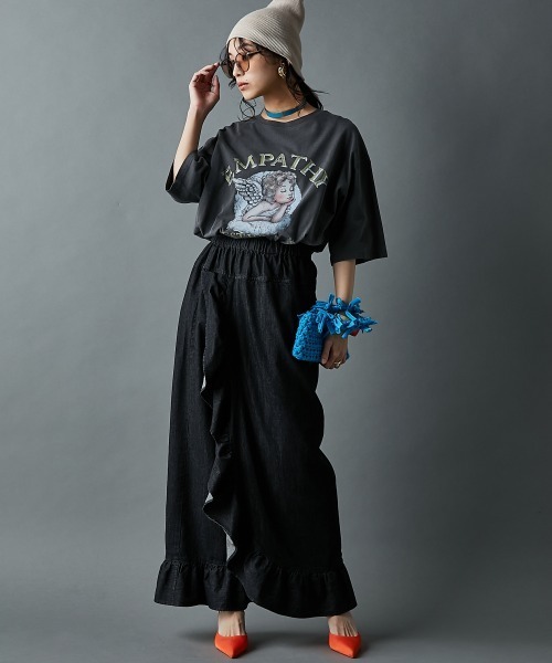 GEVS. tシャツ 綿100％ピグメント染エンジェルプリントTシャツ