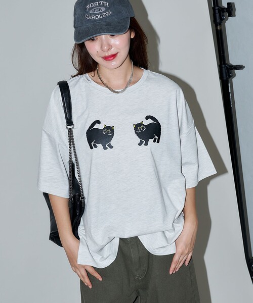 【SOLD】PUBLUX猫プリントTシャツ黒 PUBLUX/スリーキャット アニマル プリントTシャツ 限定展開