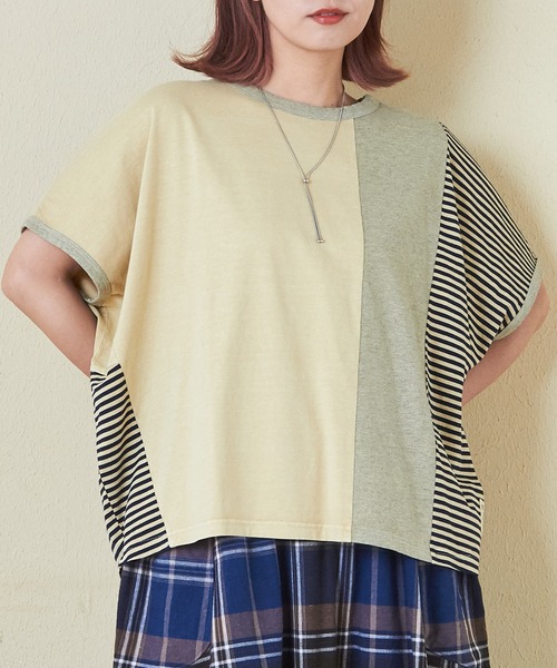 tシャツ 21/-天竺無地×ボーダーミックス切替ドルマンTシャツ レディース