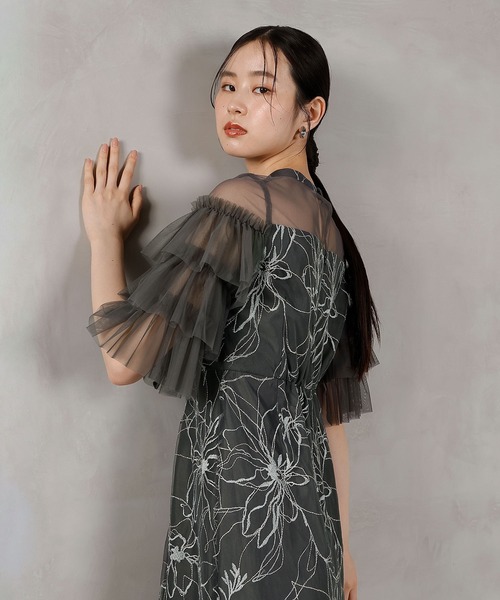 フラワースパンコールチュールフリルIラインドレス結婚式二次会デートパーティー LEJA】フラワースパンコールチュールフリルIラインドレス