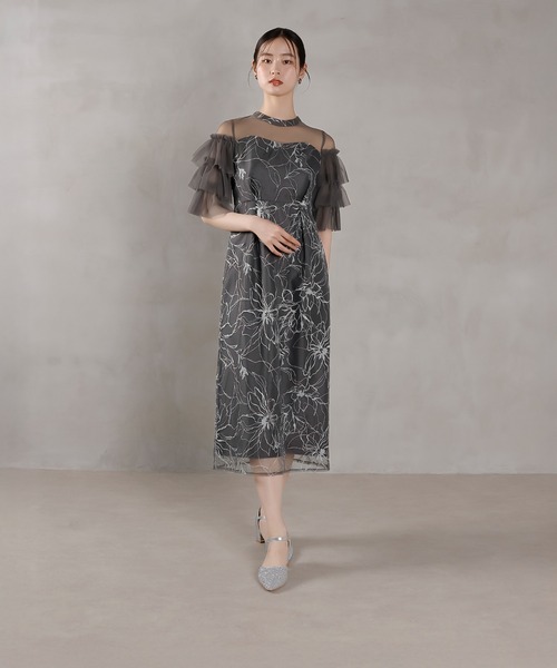フリルリボンボレロスパンコール花柄ドレス結婚式パーティー二次会デート成人式 Leja ドレス 「LEJA」チュールフリルリボンボレロスパンコール花