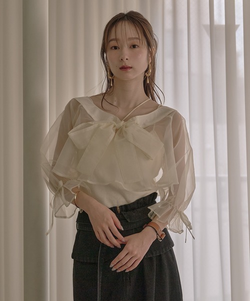 ブラウス シャツ 2way ribbon cropped sheer blouse / 2wayリボンクロップドシアーブラウス レディース