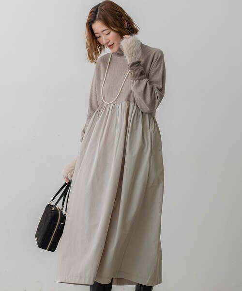 23区（ニジュウサンク） ワンピース 「洗える」ギャザーコンビ ニット