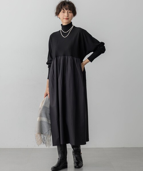 希少 21年製 ブラック コムデギャルソン 上質 ドッキング ニット ワンピース 23区（ニジュウサンク） ワンピース 「洗える」ギャザーコンビ ニット