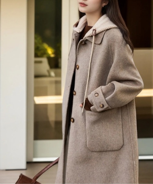 フード付きウールタッチコート／やわらか仕立て／ゆったりシルエット