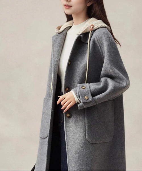 フード付きウールコート フード付きウールタッチコート／やわらか仕立て／ゆったりシルエット