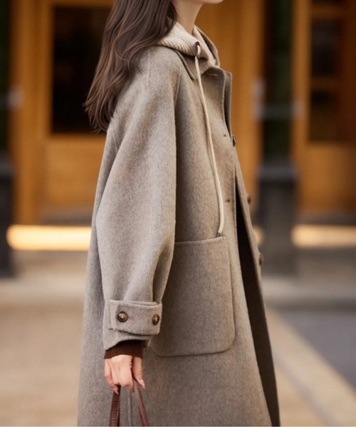 フード付きウールタッチコート／やわらか仕立て／ゆったりシルエット