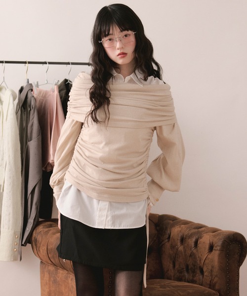 loin nuit tシャツ shirring off shoulder tops / シャーリングオフ
