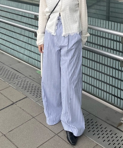 ワイドパンツ パンツ 「SETUP対応/2サイズ展開/低身長サイズ」ストライプフラップパンツ レディース