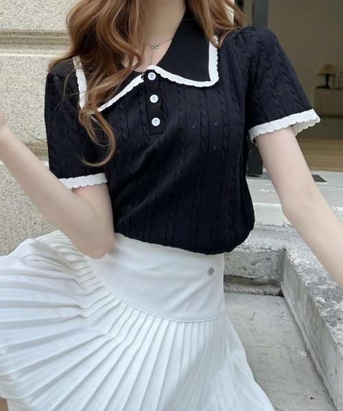 Ada. ポロシャツ ポロ 配色 フリルカラー 半袖 リブ ニット トップス
