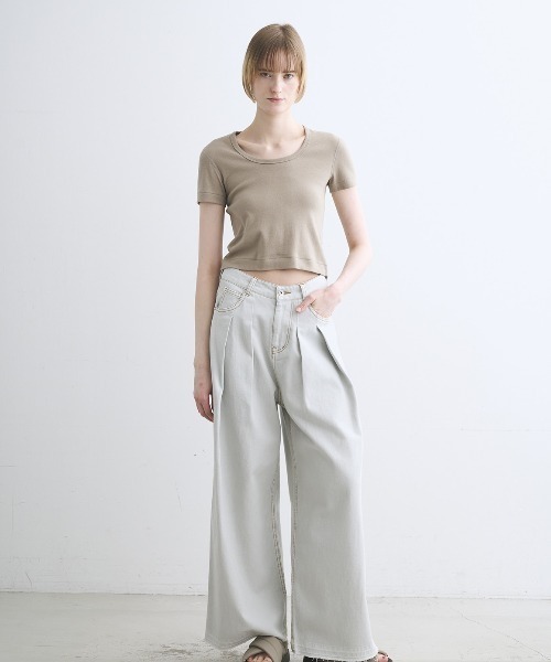 three dots - スリードッツ × Naoko Okusa パワーショルダー Tシャツ 半袖 XS three dots（スリー ドッツ） tシャツ 半袖 クロップド ジェシカ