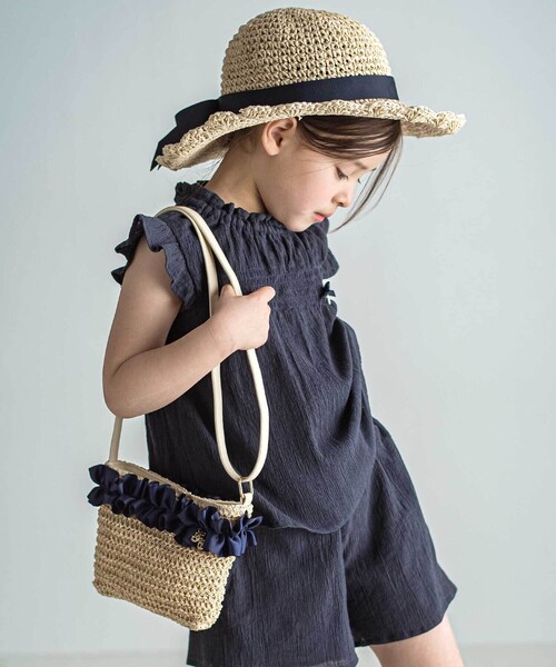 ショルダー ショルダーバッグ 「お揃い」麦わら見えフリルデザイン ペーパーショルダーバッグ キッズ 子供 女の子の画像
