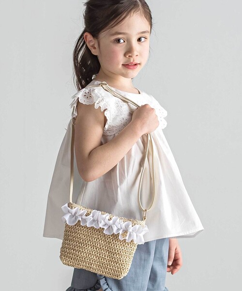 ショルダー ショルダーバッグ 「お揃い」麦わら見えフリルデザイン ペーパーショルダーバッグ キッズ 子供 女の子の画像