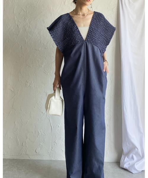 THEshinzoneサロペット　オーバーオール　38 She's Closet サロペット オーバーオール デニムライク 深Vネック