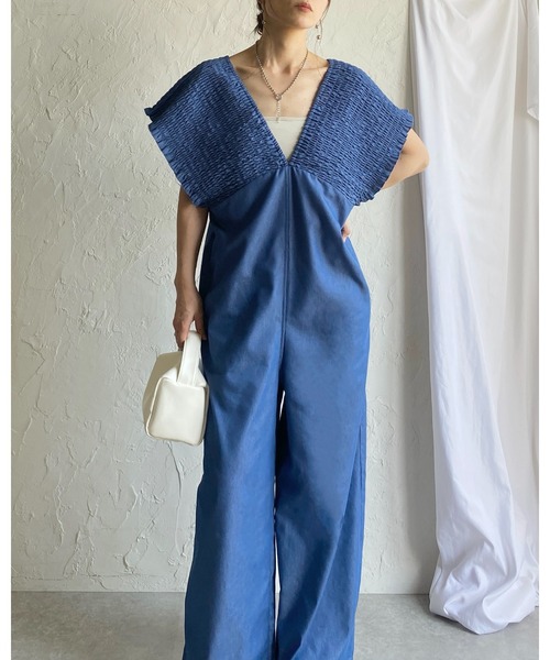She's Closet サロペット オーバーオール デニムライク 深Vネック