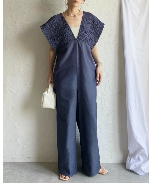 サロペット ワイドレッグ She's Closet サロペット オーバーオール デニムライク 深Vネック