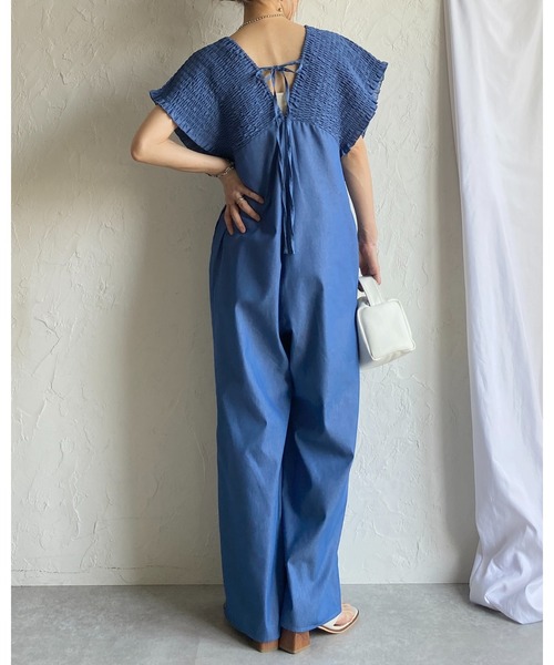 She's Closet サロペット オーバーオール デニムライク 深Vネック