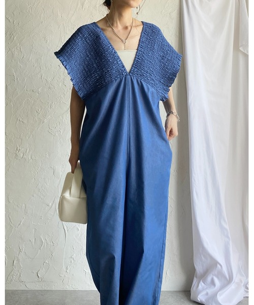 She's Closet サロペット オーバーオール デニムライク 深Vネック
