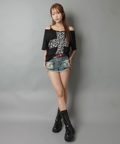 SPINNS（スピンズ） tシャツ 半袖 Vネック半袖Tシャツ/ヒョウ柄クロス