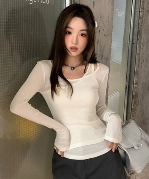 Alvia tシャツ 韓国風 シアー重ね着風トップス｜細見えタイト