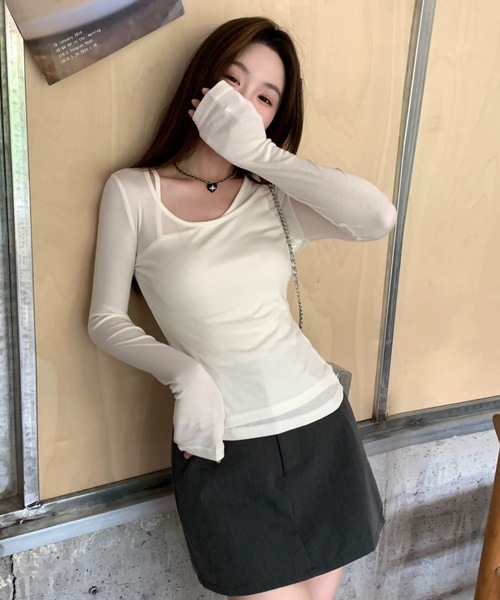 Alvia tシャツ 韓国風 シアー重ね着風トップス｜細見えタイト
