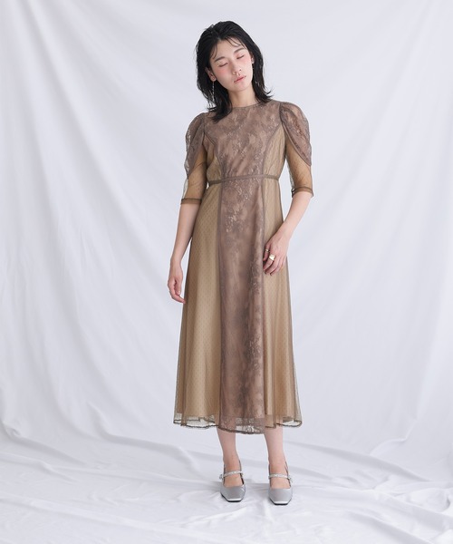 【atlo】フォーマルオケージョン　パーティードレス M ブラウン atlo（アトロ） ドレス ミモレ丈＆袖ありフォーマルジャガード