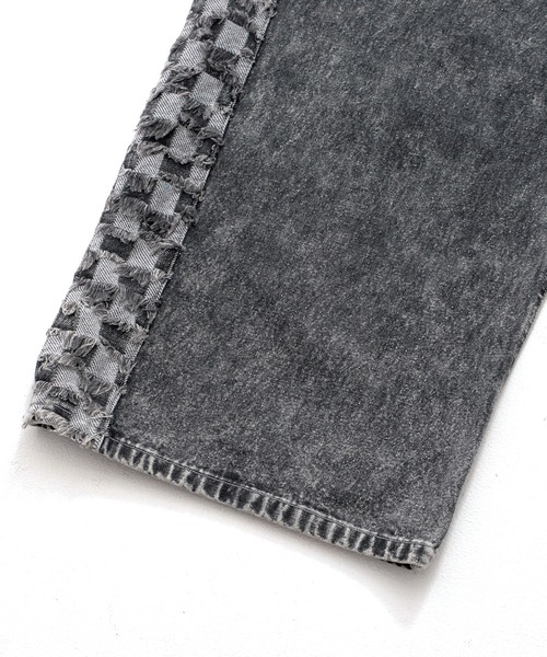 ☆BEAMS☆ケミカルウォッシュ☆ワイドシルエット☆デニム☆Lサイズ ☆美品☆ Revo. ジーンズ ケミカルウォッシュ サイドフリンジ 市松模様