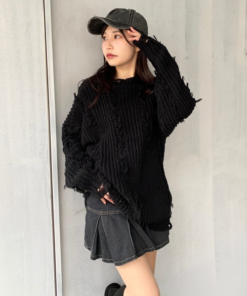 lilful ニット セーター Y2K クラッシュ加工 ベーシックカラールーズ
