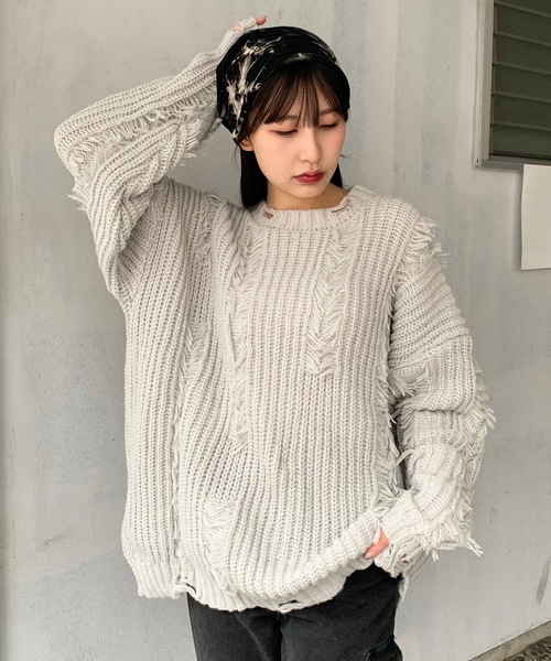 lilful ニット セーター Y2K クラッシュ加工 ベーシックカラールーズ
