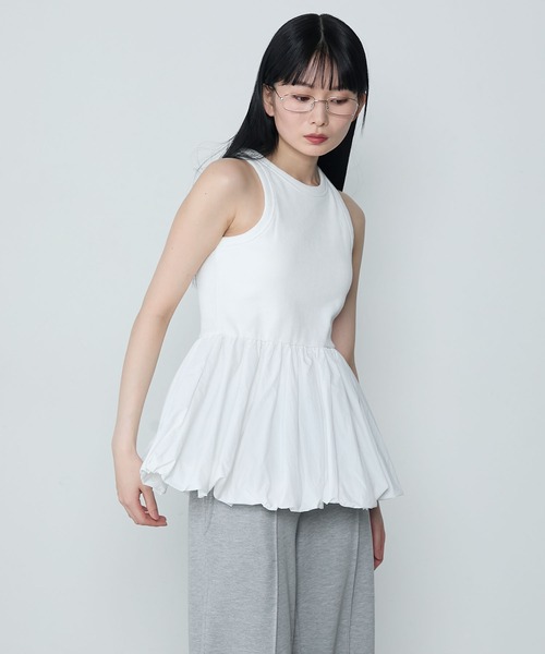 タンクトップ ノースリーブ ノースリーブジャガード切替バルーントップス レディース titivate タンクトップ ノースリーブ カップ付きバルーンタンク