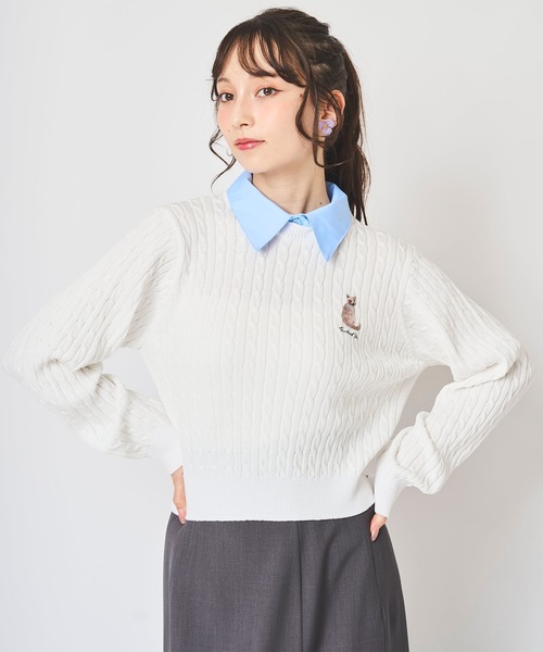 ケーブルニットカーディガン ドルマンスリーブ ゆったり 長袖 ニットショート グレー 秋服 冬服 春服送料無料 31 Sons de mode ニット セーター ネコ刺繍襟付きケーブルニット