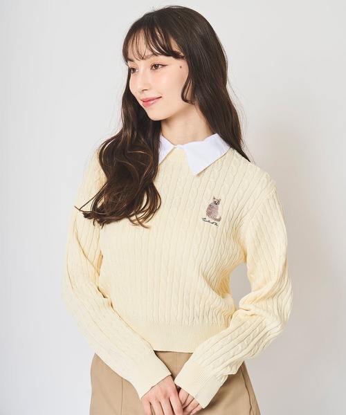 ニット セーター ネコ刺繍襟付きケーブルニット レディース 31 Sons de mode ニット セーター ネコ刺繍襟付きケーブルニット