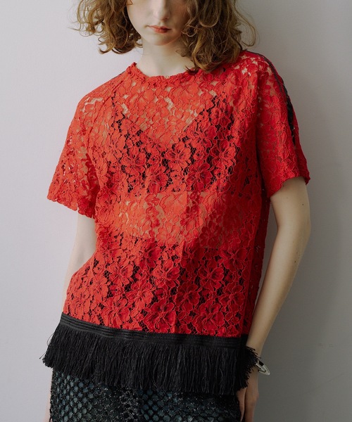 VIOLETTA（ヴィオレッタ） tシャツ 半袖 フリンジヘム総レースシアーT