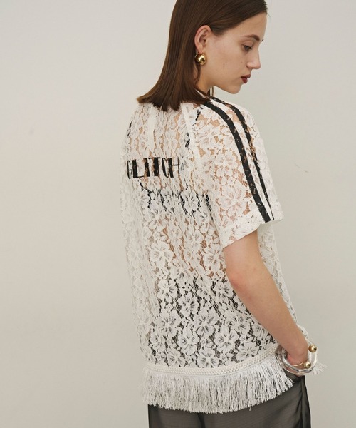 レース 黒 半袖Tシャツ ストライプ レースプリント×ストライプTシャツ』