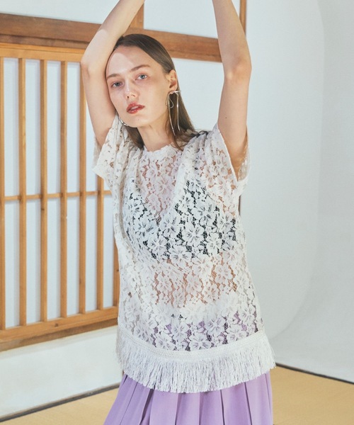 VIOLETTA（ヴィオレッタ） tシャツ フリンジヘム総レースシアーTシャツ