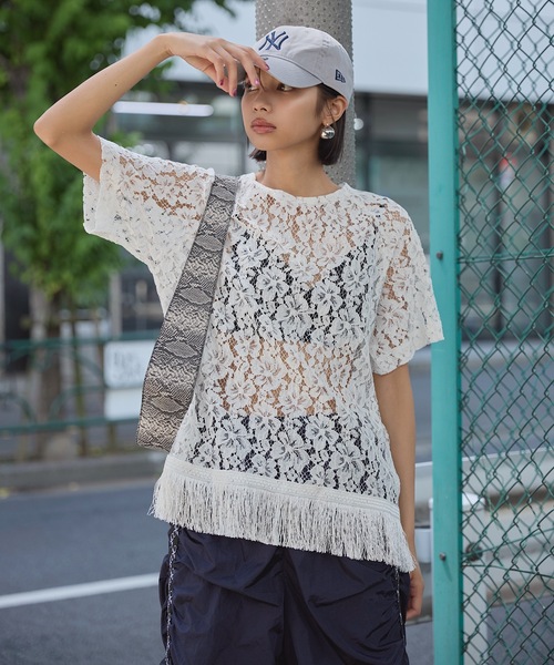 VIOLETTA（ヴィオレッタ） tシャツ フリンジヘム総レースシアーTシャツ