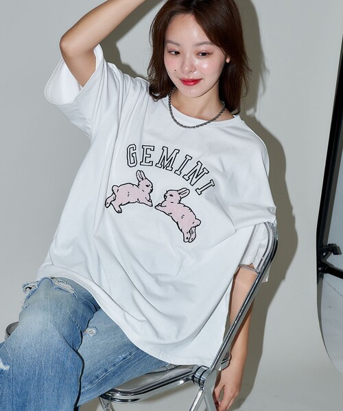 PUBLUX tシャツ PUBLUX/パブリュクス ウサギ 相良刺繍 オーバー