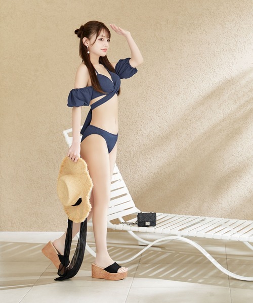 【sugar nine】くしゅっとオフショル袖シンプルビキニ【未使用】 sugar nine 水着 ワンカラーバンドゥビキニ レディース