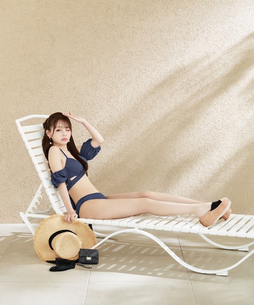 【sugar nine】くしゅっとオフショル袖シンプルビキニ【未使用】 オフショルシャーリングニットビキニ 2点セット（水着）｜sugar