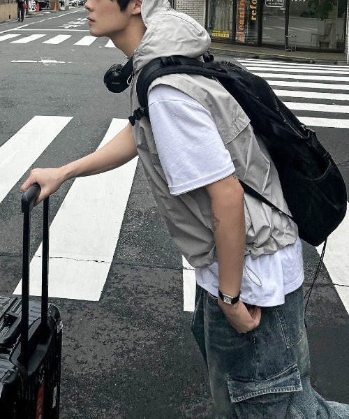 COSYHARU ベスト ジレ テックウェアナイロンフードベスト メンズ